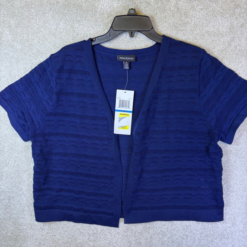 Nina Leonard Cardigan Womens XL Navy Short Sleeve Open Front Pointelle L3666A